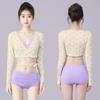 Women's Purple Long-Sleeve Three-Piece Swimsuit Set - High-Waisted, Slimming, Sun-Protective, Split Design.