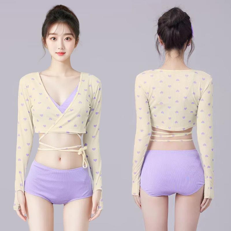 Women's Purple Long-Sleeve Three-Piece Swimsuit Set - High-Waisted, Slimming, Sun-Protective, Split Design.