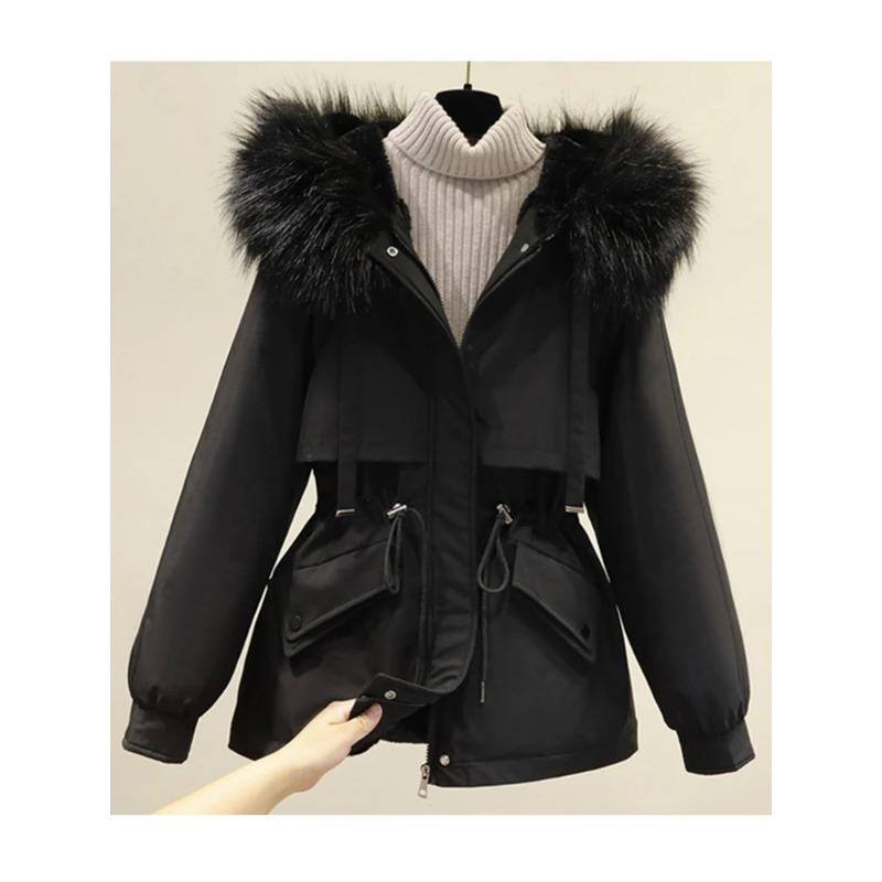 Cotton Padded Plus Size 2XL Winter Big Fur Jacket Women Loose Slim Warm Hooded Parka Coat Down Jacket