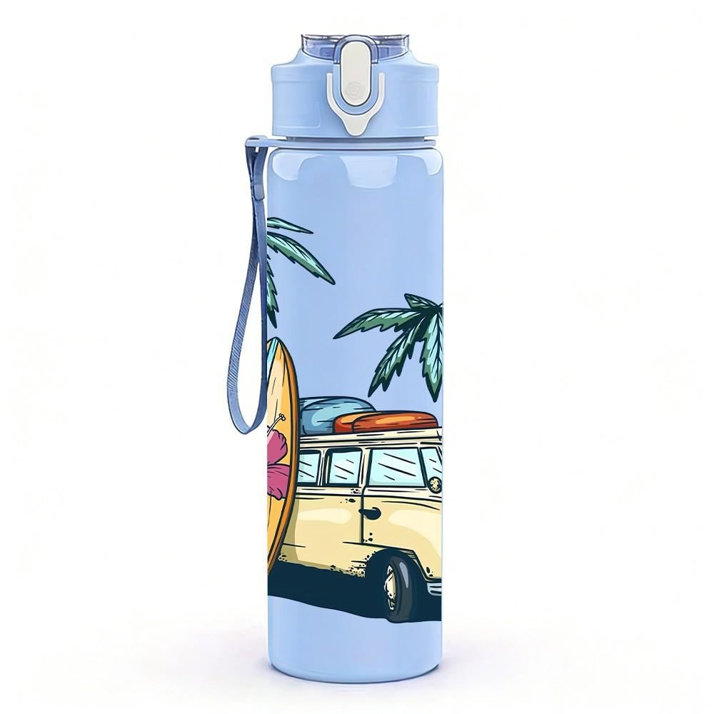1PC Surf Van Palm Tree Ocean Retro Beach Art 750ml Color Plastic Sports Water Bottle Leakproof Flip Straw Lid Suitable for Sports Office Home Use