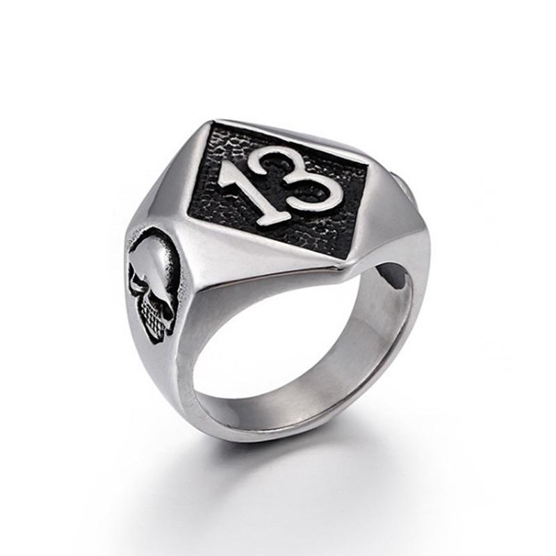 Anelli Punk Retro Nero Numero 13 Teschio per Uomini Donne Hiphop Colore Argento Acciaio Inossidabile Fascino Teschio Anelli Dita Biker Gioielli
