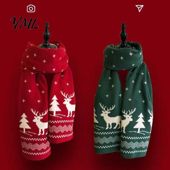 Thick Polyester Scarf for Autumn Winter Knitted Women, Reversible Fair Isle Snowflake Reindeer Outdoor Neck Wrap Scarf, Soft Warm Long Christmas