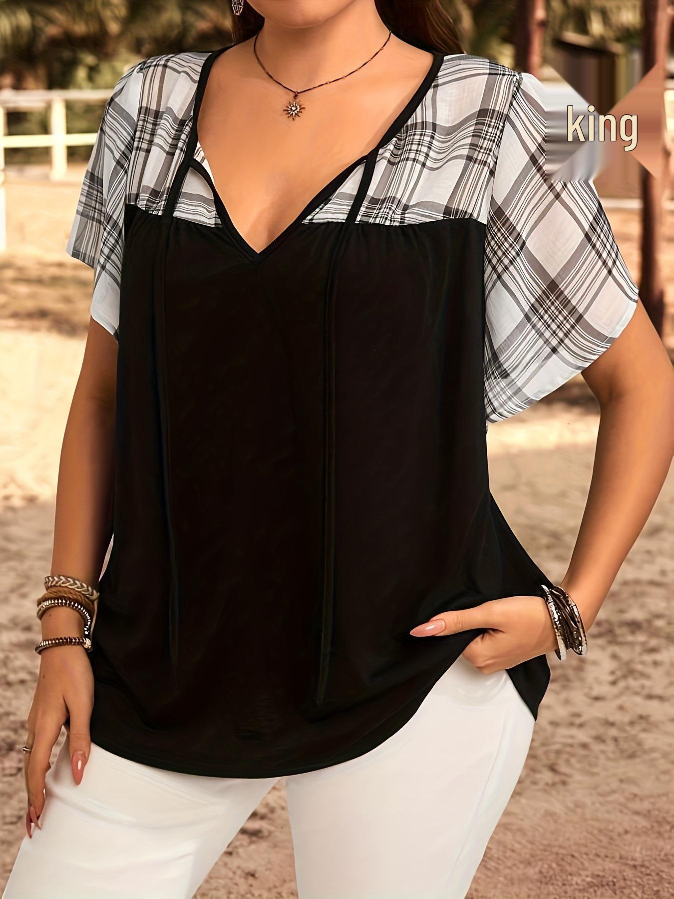 

2025 Summer European & American Stand Collar Patchwork Solid Color Casual T-shirt 3XL чёрный
