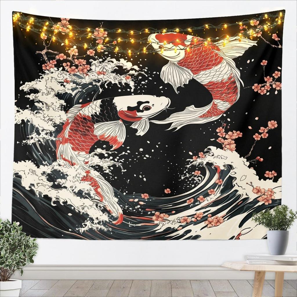 Japanese Koi Fish Tapestry Wall Hanging Anime Style Decorative Polyester Fabric Print Zen Art Chinese Culture Home Decor Room Wa