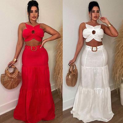 Europäisches & Amerikanisches Sexy Einfarbiges Unregelmäßiges Riemchen-Bandage-Rock-Set