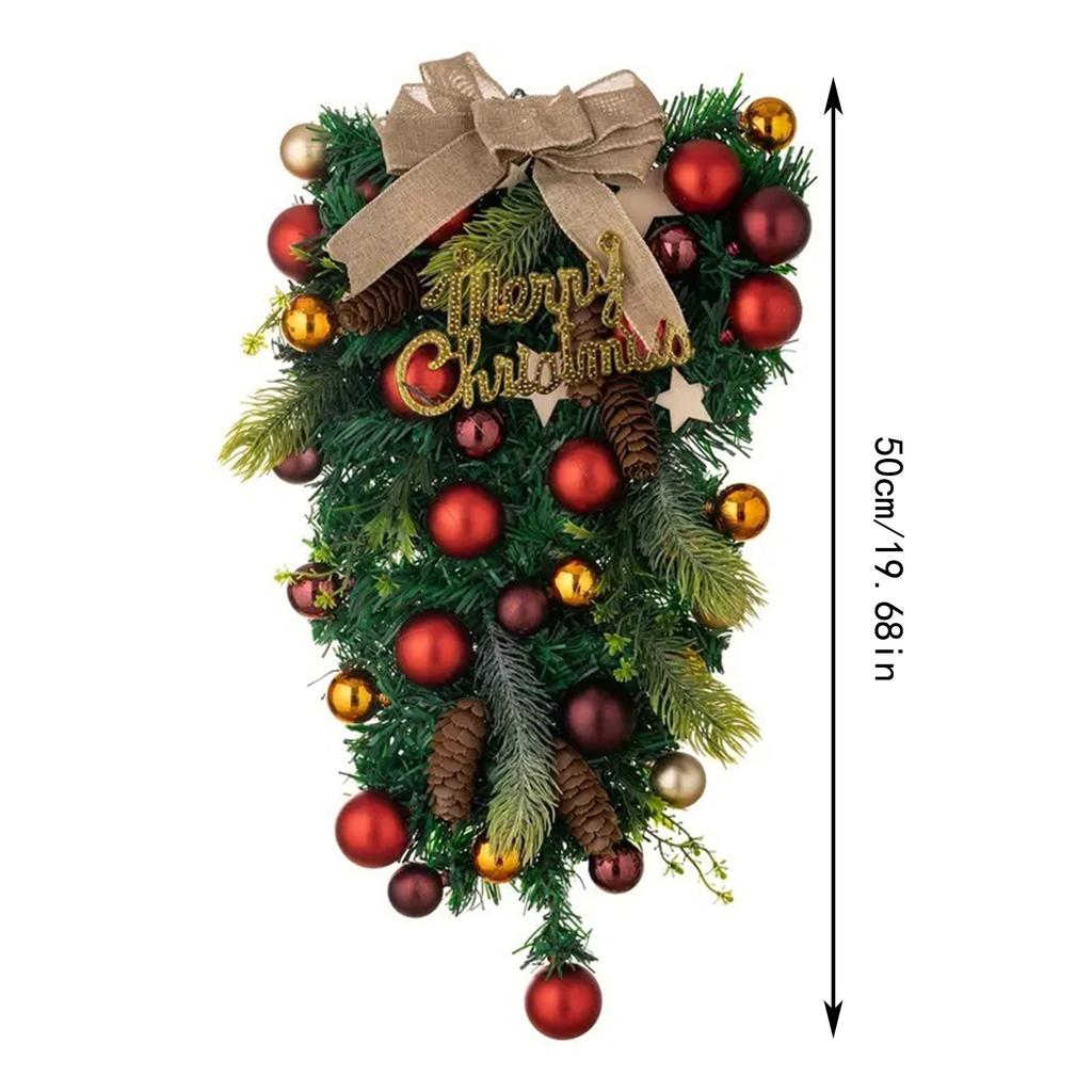Christmas Upside Down Wreath Burlap Bow Red Gold Ornaments Pinecones Greenery Festive Home Door Decor Gift Party Accessory