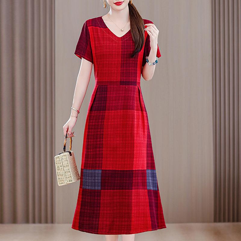 Langes Kleid mit Vintage-Print für Damen in Übergröße, lässiges kurzärmliges Sommerkleid mit Gürtel, Damenbekleidung mittleren Alters