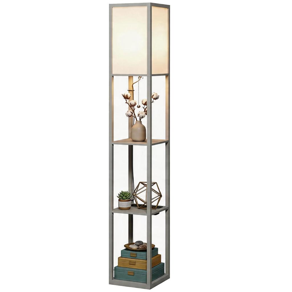 Floor Lamp with Shelves, 3 Layer Column Modern Standing Lamp for Living Room, Bedroom, Office, Grey