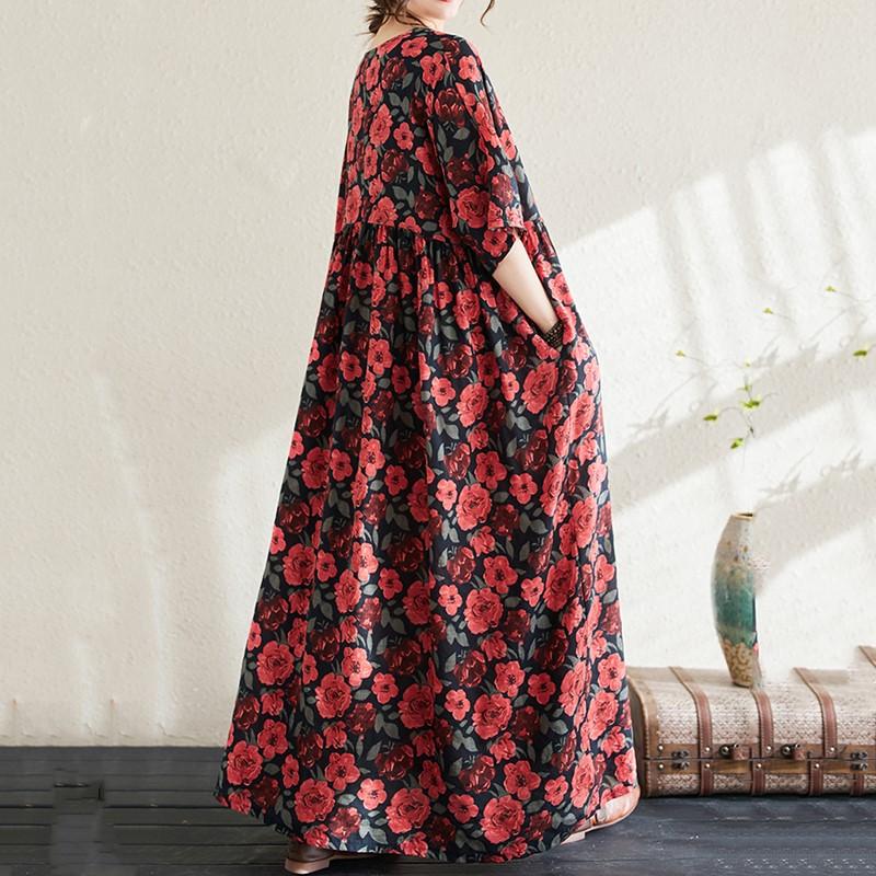 Kurzarm Plus-Size-Baumwolle im Vintage-Stil mit Blumenmuster, neu in Kleidern für Damen, lässiges, lockeres, langes Sommerkleid