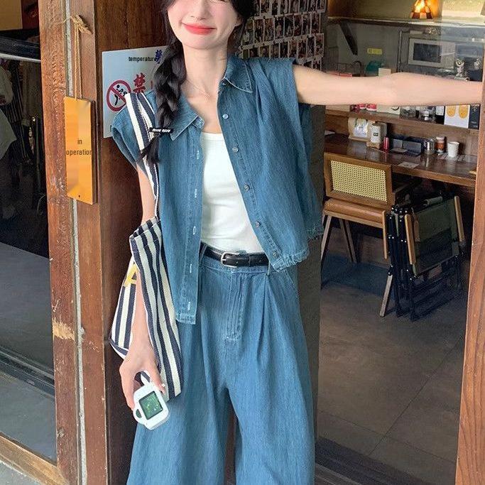 Women's French Design Denim Sleeveless Top & Wide-Leg Pants Summer Set