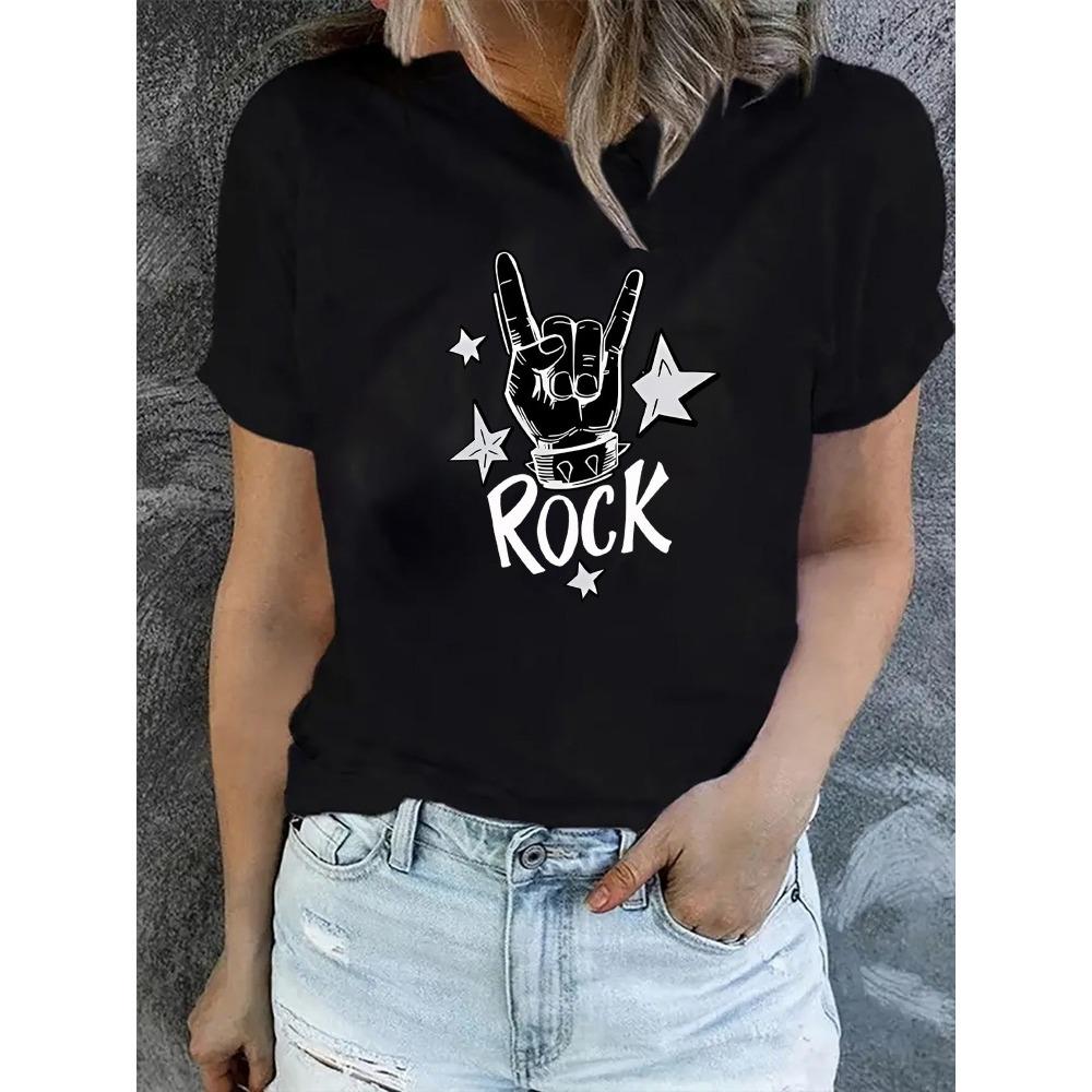 Womens Rock TShirt with Iconic Hand Gesture and Guitar Pick Print Soft Casual Wear for All Seasons Round Neck Short Sleeve Top