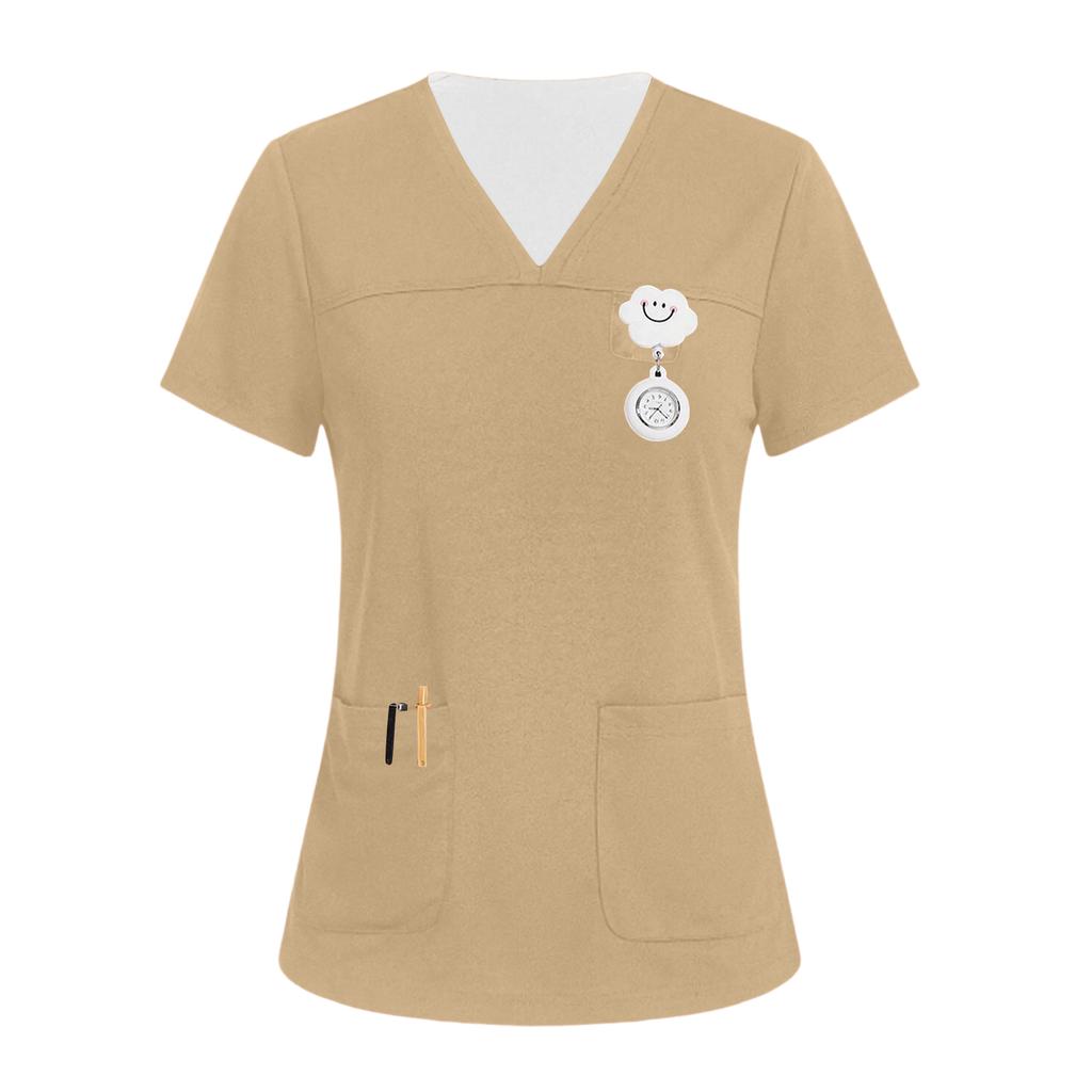 Damen V-Ausschnitt Drei-Taschen Kurzarm Uniform/Pflegekraft Oberteil Mit Schlitzen Am Saum