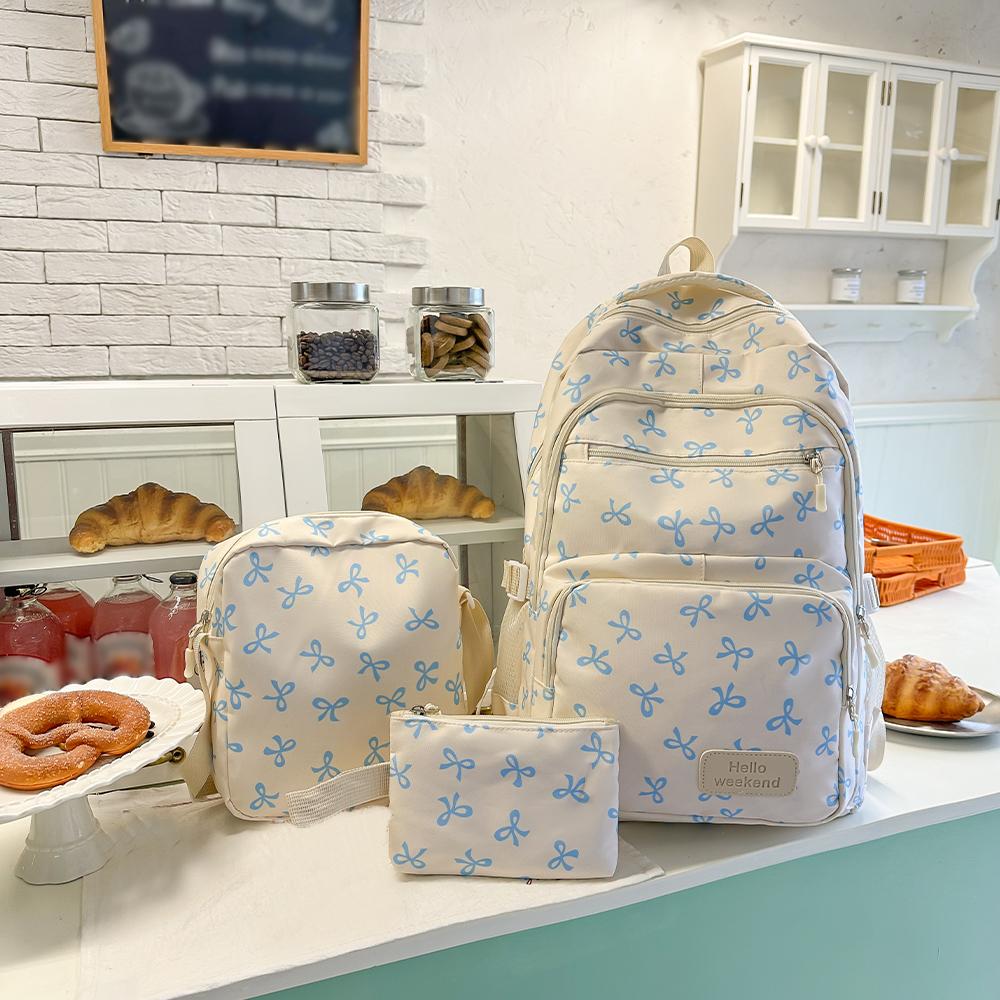 

Корейская мода Принт с бантом Женский модный рюкзак Легкий Простой Студенческий школьный рюкзак Женская сумка Набор из трех предметов синий