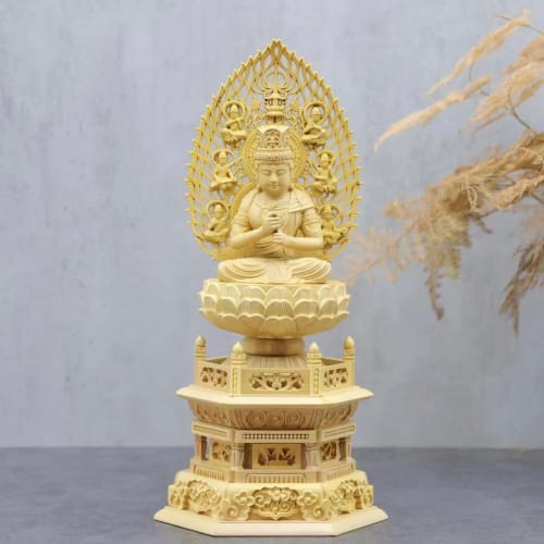 Wooden Buddha Statue of Dainichi Nyorai (Shingon Sect) Made of Boxwood with a Hexagonal Base and Flame Halo (21.5cm High X 10cm Wide) - Principal Budd