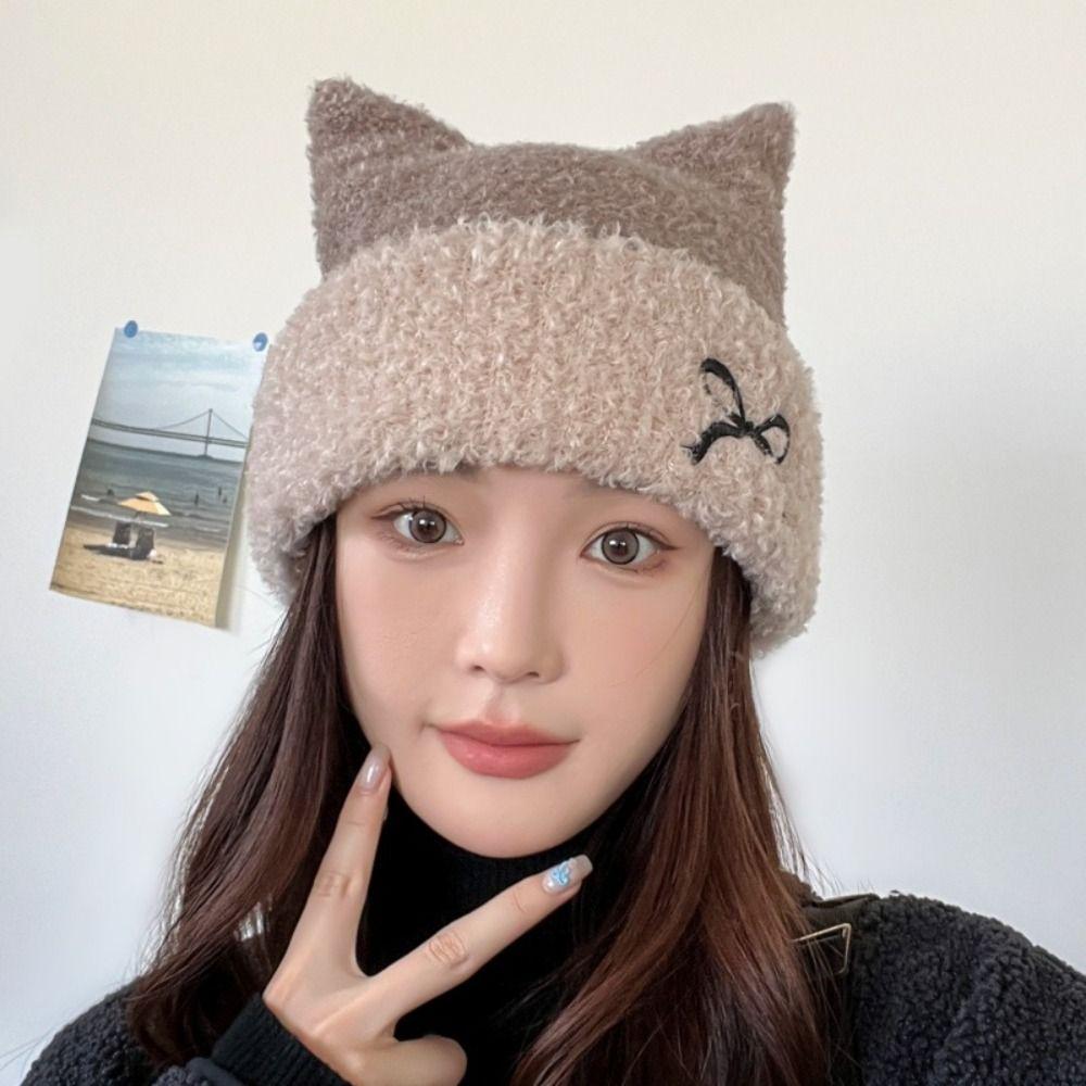 Bow Knitted Beanie Hat Keep Warm Winter Knitted Hat Fashion Cat Ears Hat  Streetwear