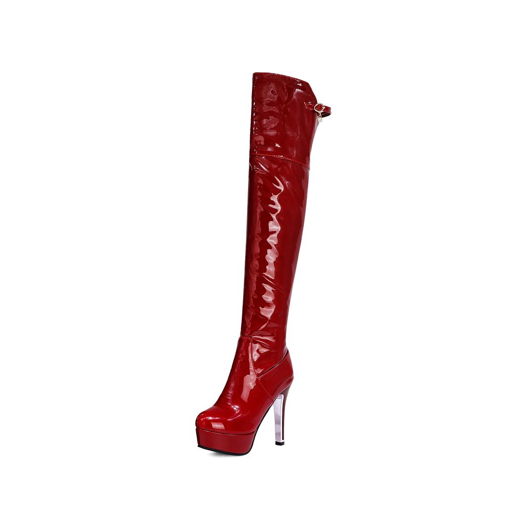 Over the Knee Boots Women 2024 Autumn Winter Glossy Patent Leather Fashion Shoes Short Plush 3cm Platform High Heels Size 34~50
