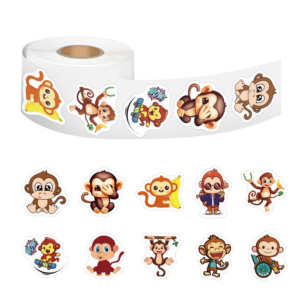 500/roll Cartoon Monkey Roll Sticker Cute Animal Children DIY Skateboard Suitcase Sticker
