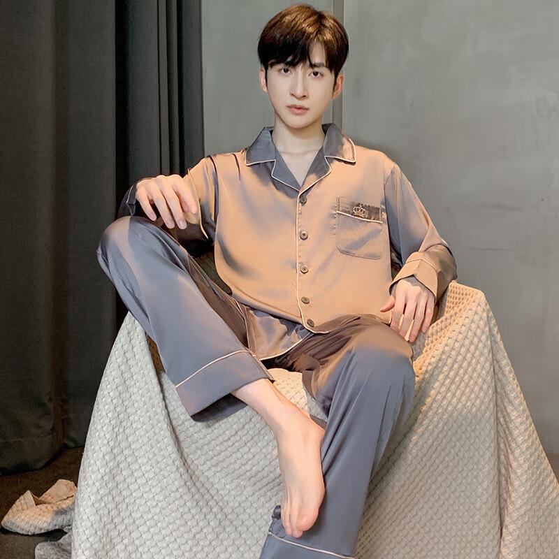 LANGSHA Plus-Size Ice Silk Pajamas for Men, Spring And Summer High-End Thin Style New Product, Wearable Outside, Long-Sleeve Long Pants Home Wear Set