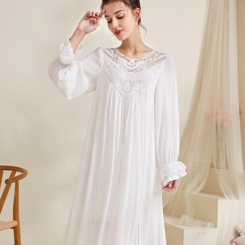 European Princess Cotton Lace Plus Size Retro Long Sleeve Nightgown - Soft Double Layer Homewear