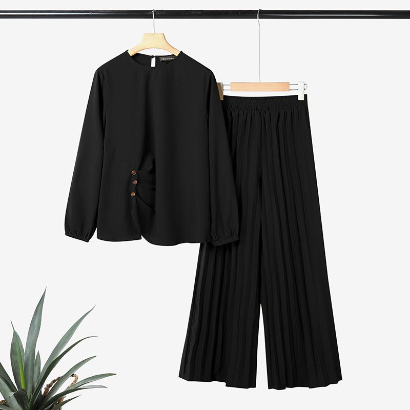 

ZANZEA Женская блузка с длинным рукавом и брюки повседневный комплект из двух частей S чёрный