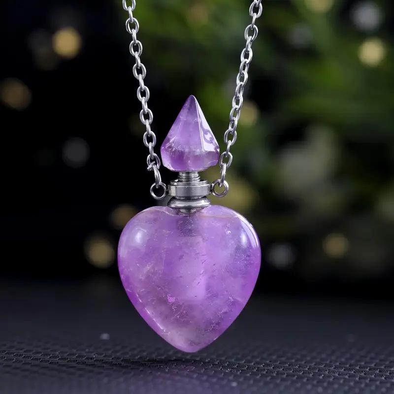 Natural Rose Quartz Crystal Heart Aromatherapy Pendant Bottle