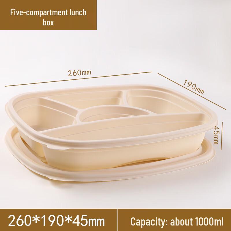 ZEBBIAN 5-Compartment Corn Starch Disposable Lunch Boxes (1000ml, 50 Sets)