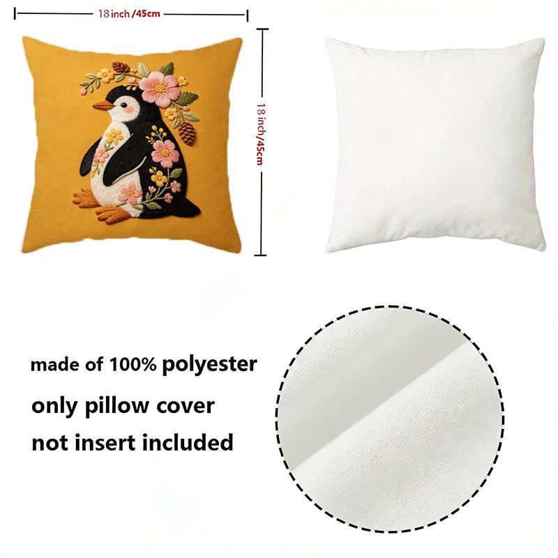 Cute Floral Penguin Embroidery Style Throw Pillow Covers Pattern Cushion Cover Suitable For Sofa Bedroom Car Pillow Cover