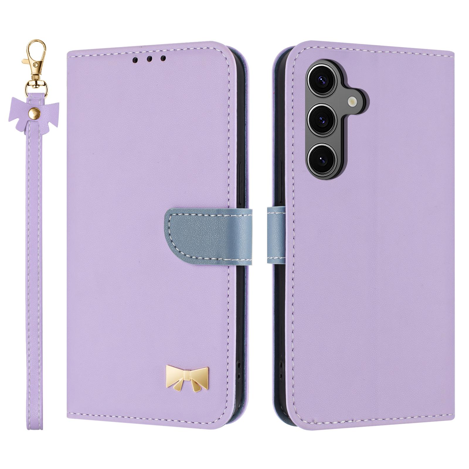 

For Samsung Galaxy S25+/S24+ Case Bowknot Decor Wallet Leather Phone Cover with Wrist Strap Purple