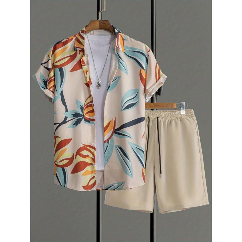 Men's Beige Tropical Leaf Print Shirt and Shorts Set Summer Vacation Wear
