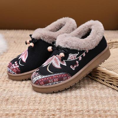 Women's Winter Fur Lined Loafers Platform Embroidered Loafers Shoes for Women Chunky Warm Plush Comfortable Non-Slip Round Toe Loafer Slippers Women
