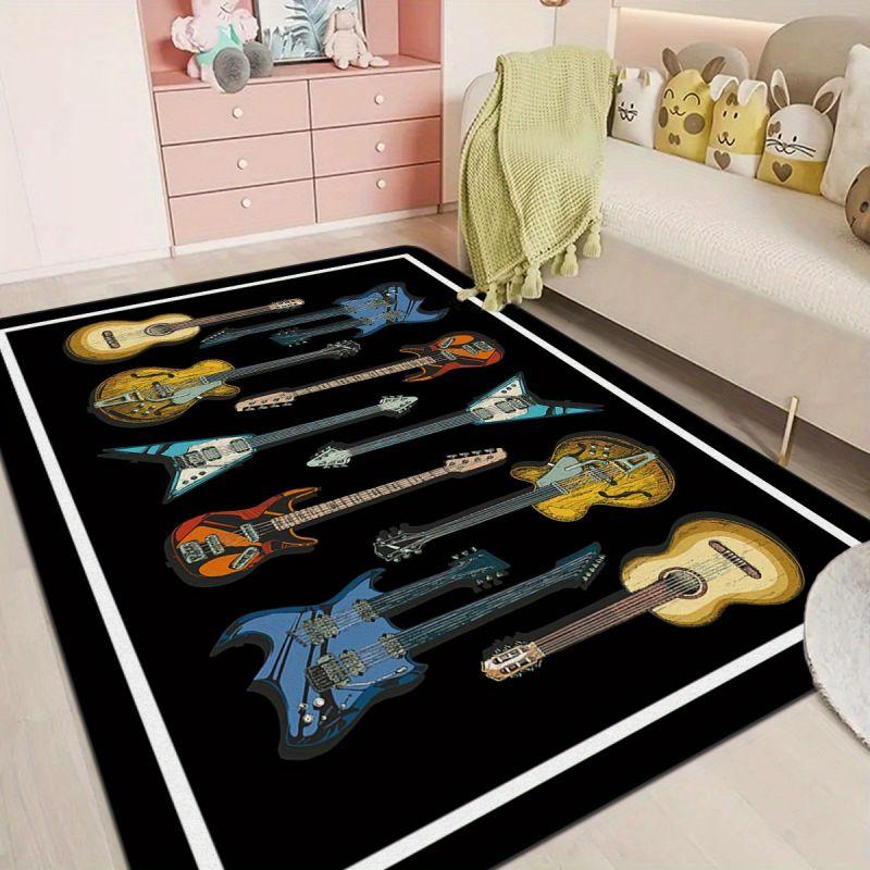 Retro Music Guitar Print Area Rug Anti-slip Flannel Carpet for Living Room Bedroom Home Decor Hotel Decor Washable Floor Mats