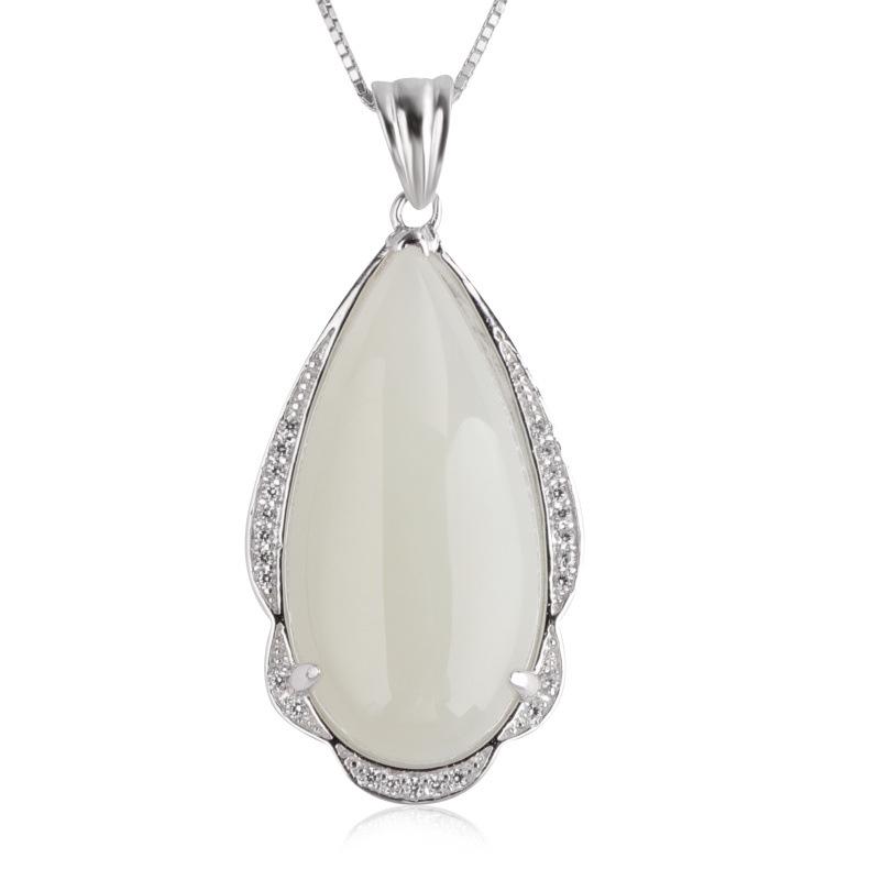 Sterling Silver Teardrop Hetian Jade Pendant Charm with Certificate - New Chinese Style, 925 Silver