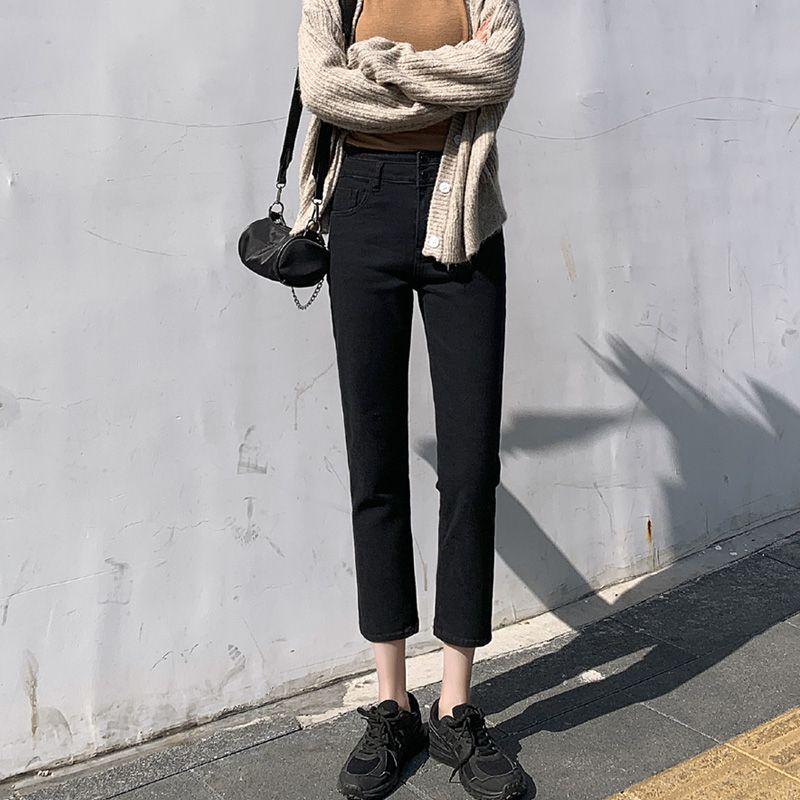 

Small K-style Autumn Easiest for Match High Waist Black Smoke Tube Work Clothing Ol Straight-leg Silm White Cropped Denim Female Black Eight 31