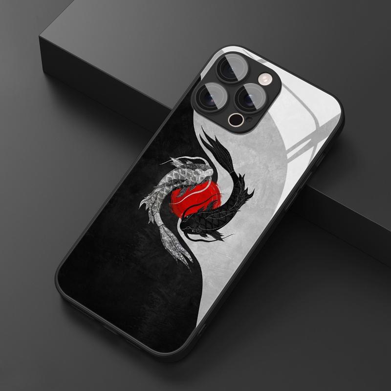 

Koi Yin Yang Art Design Tempered Glass Phone Case Suitable for iPhone 17 16 15 14 13 12 11 Pro/Max/Plus Anti Drop and Anti Shock For iPhone 11PROMAX