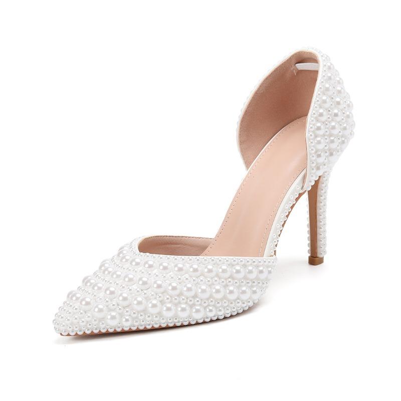 Fashion New Handmade Full Pearls Rhinestones Wedding Women Pumps Elegant Pointed Toe Bridal Thin High Heels Fashion Party Prom Shoes