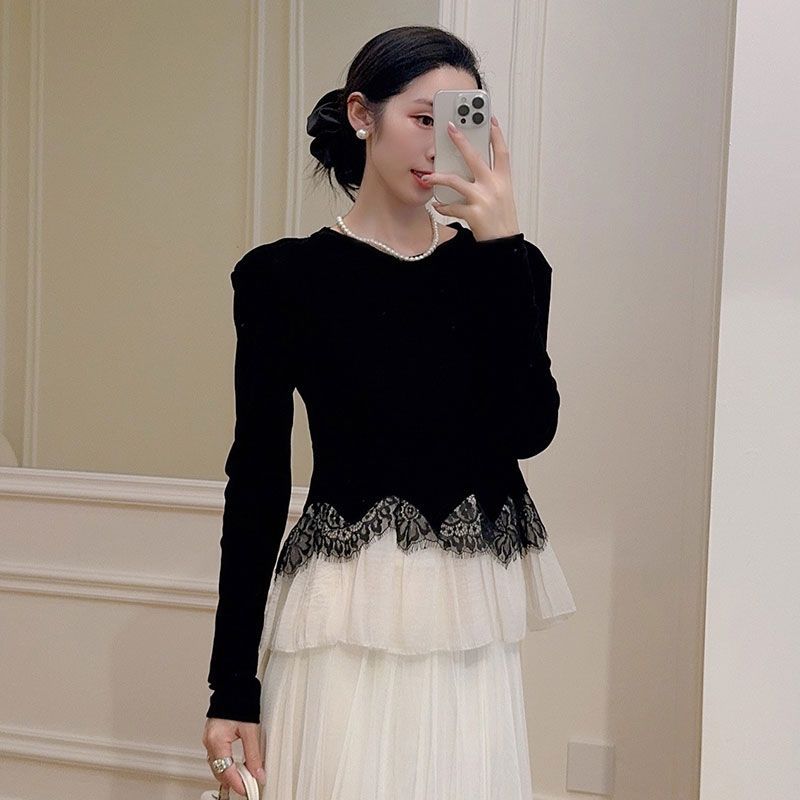 Socialite Lace Ruffle Velvet T-shirt Women's Autumn and Winter New Versatile Top French Style