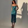 Women's Floral Wedding Guest Dress Mesh Spaghetti Strap Cowl Neck Bodycon Midi Dresses