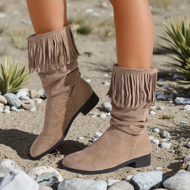 Botine cu ciucuri mate vintage, de toamnă, pentru femei, stil western, cu vârf rotund, tip pulover, cu talpă moale, antiderapante, cizme cu tub mediu