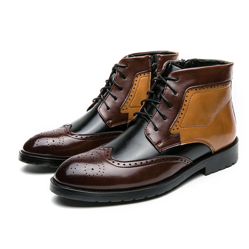 Men's Autumn Plus Size Colorblock Pointed Toe Leather Ankle Boots - Formal/Casual High-Top with Zipper