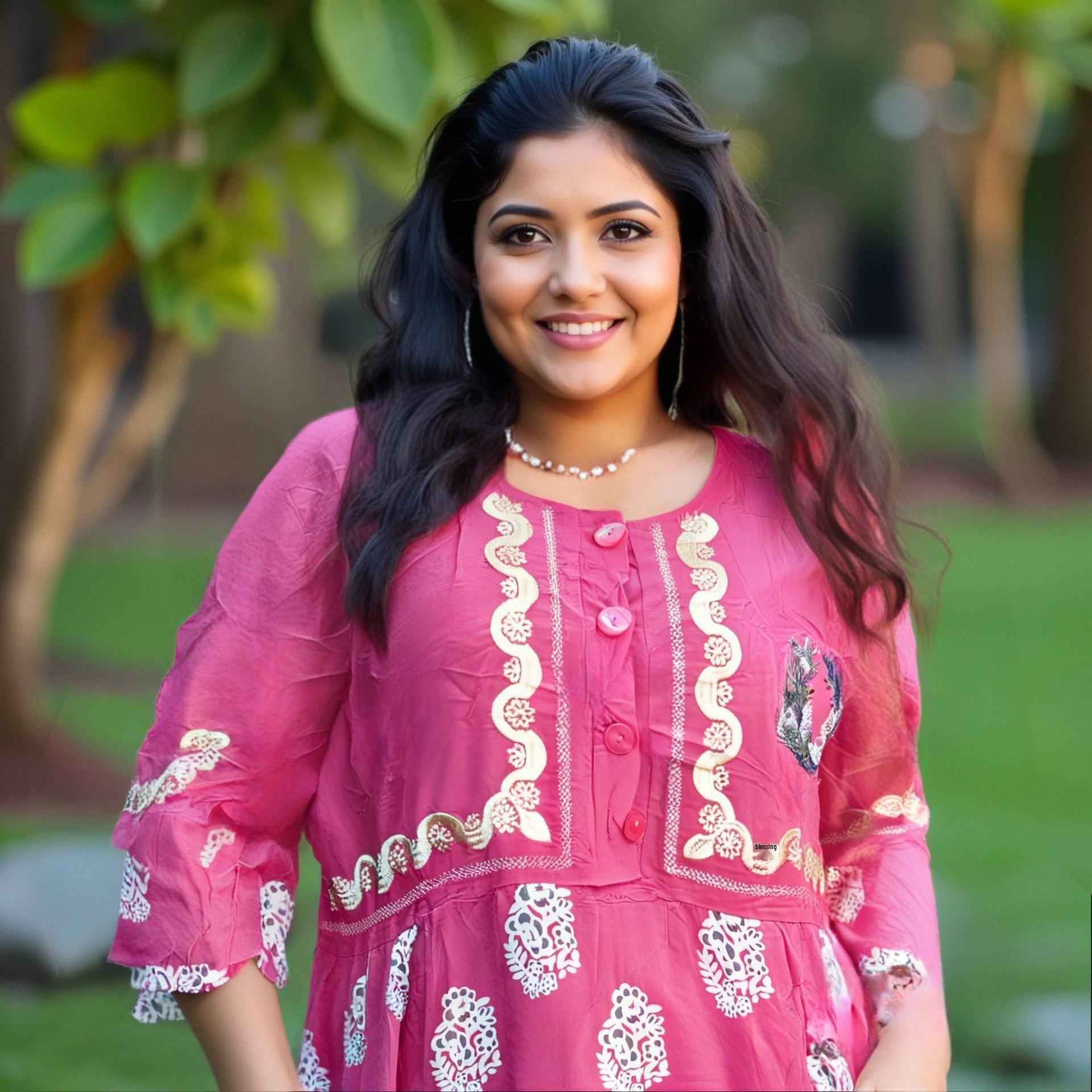 

Платье из вискозы с принтом в ближневосточном стиле: Повседневный праздничный стиль, круглый вырез и короткие рукава One Size розовый