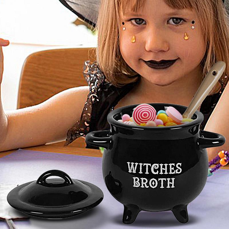 Witch Cauldron Witch soup pot ceramic bowl with soup spoon Halloween Ceramic Stew Crock black soup bowl For Family Gatherings