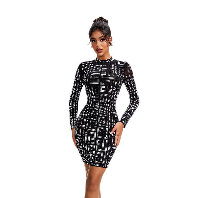 European and American Women's Long-Sleeve Dress with Elastic Mesh and Hot Drilling Design