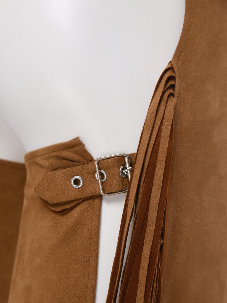 Herren Vintage Cowboy Chaps Verstellbare Schnallenriemen Offener Schritt Geschlitzte Fransen Wildlederhosen für Halloween