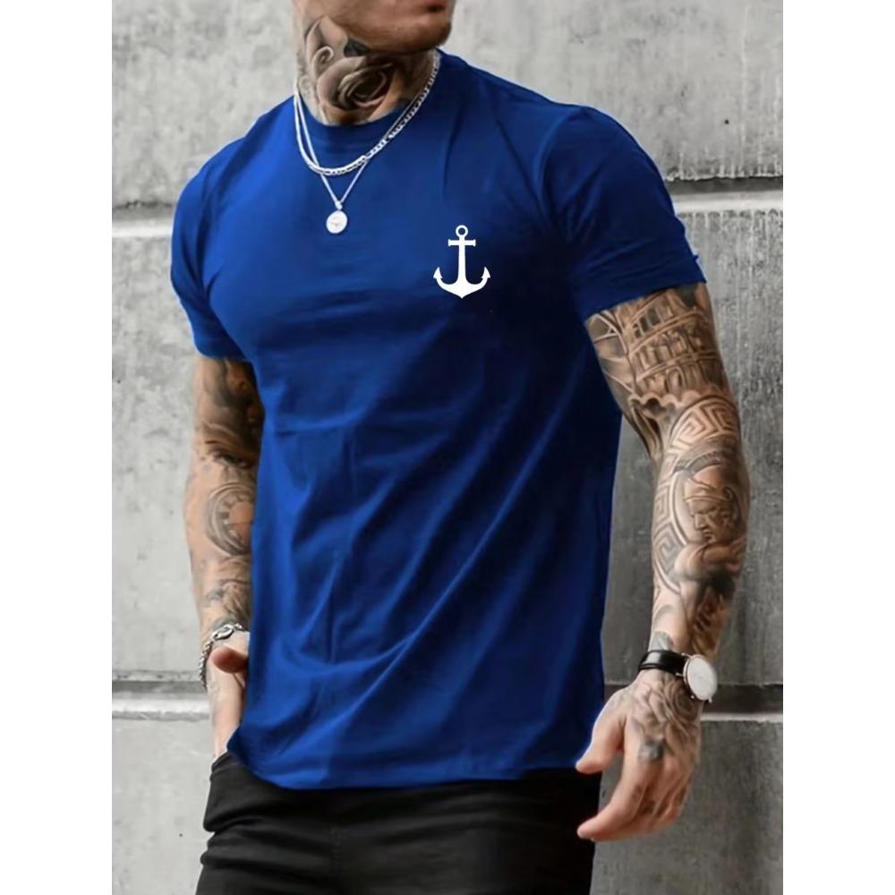 Men's Summer Casual Loose Size 100% Cotton Anchor pattern Print Round Neck Short Sleeve T-shirt Top