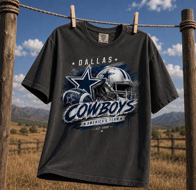 Футбольная футболка Dallas, Винтажная футболка для игрового дня, Ретро футболка с футбольным принтом, Футболка с синим шлемом, Подарок для футбольного фаната, Оверсайз Comfort Colors