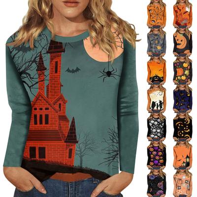 Women's Halloween Printed Round Neck Long Sleeved Loose Fitting Long Sleeved Casual Long Sleeved Top