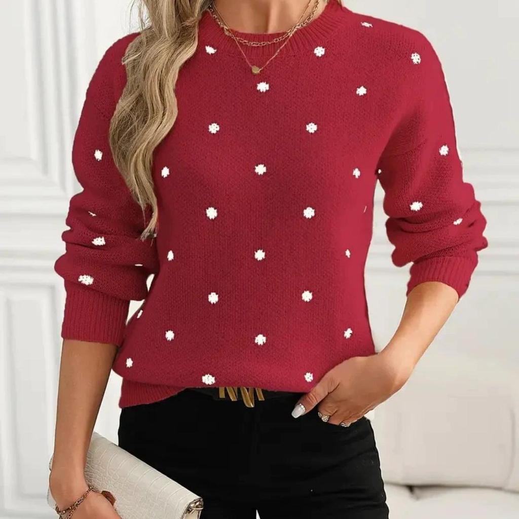 Women's Sweaters, Fashion Round Neck, Long-sleeved Pullover Sweaters, Women's Polka Dot Knitwear Tops