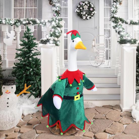 Santa Claus Goose Outfit Christmas Porch Goose Costume Festive Clothes And Hat for 23" High Cement or Plastic Goose Lawn Patio Garden Decor