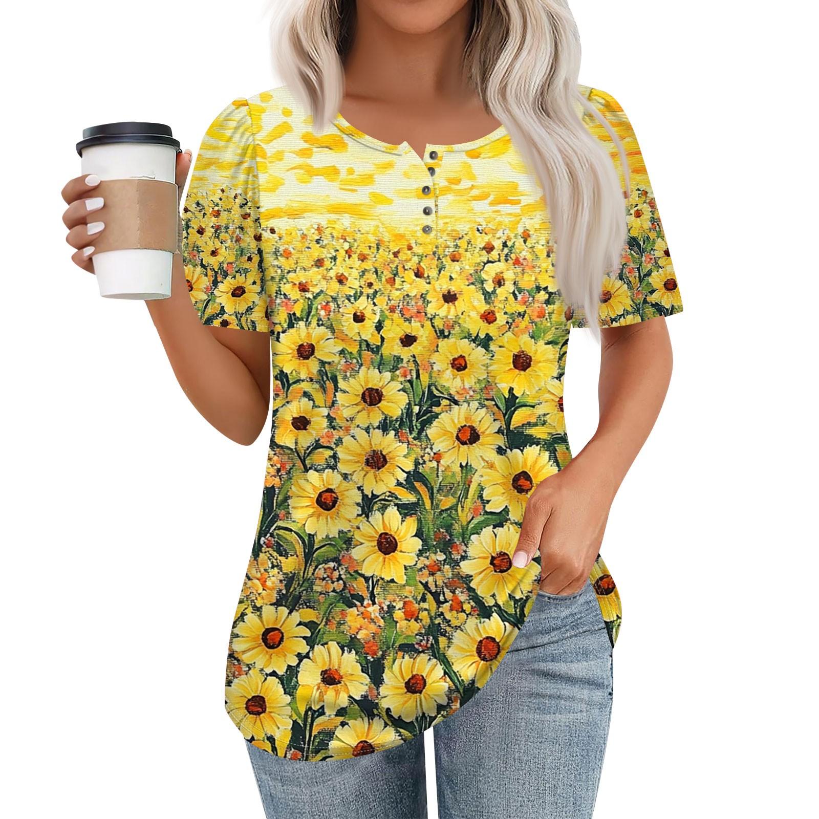 

Жіночий модний повсякденний пуловер з круглим вирізом і ґудзиками з квітковим принтом L жовтий