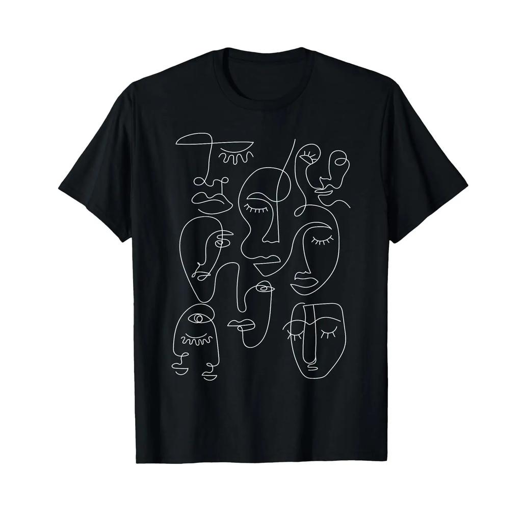 Hand Drawn One Line Art Faces T Shirt Black Vintage Stylish Fashion Casual Homme Graphic Versatile Comfortable